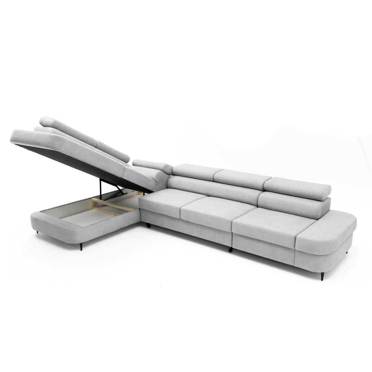 ECKSOFA PRIAM MAXI L-Form Links mit Schlaffunktion 125x195 Velours Hellgrau - Hellgrau/Schwarz, Holz/Textil (203/350cm) - Muffo