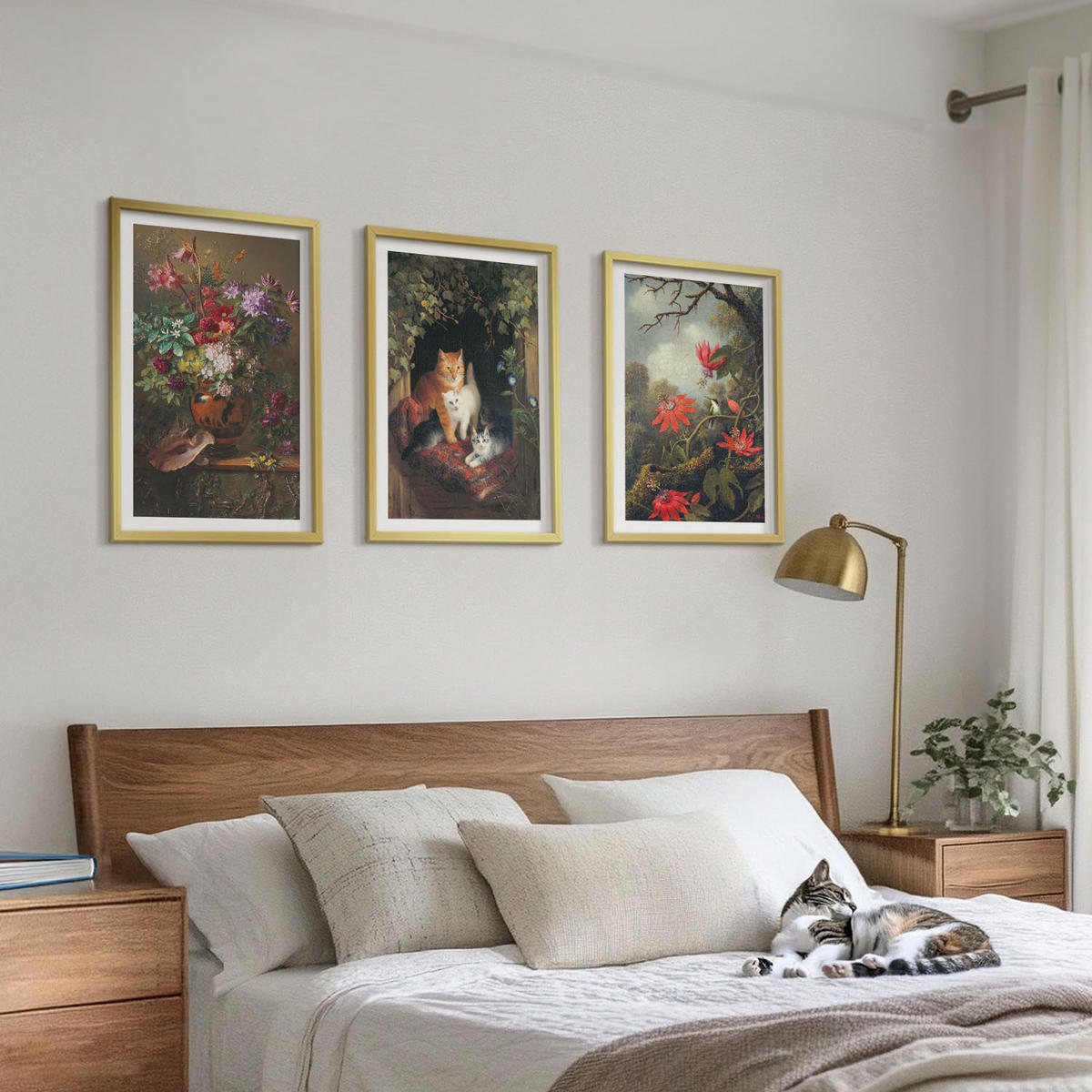 WANDBILDER 3er Set - 40x60 cm Goldrahmen - Vintage-Blumen, Katzen, Natur - Goldfarben, Kunststoff (40/60cm) - ArtPrintCave