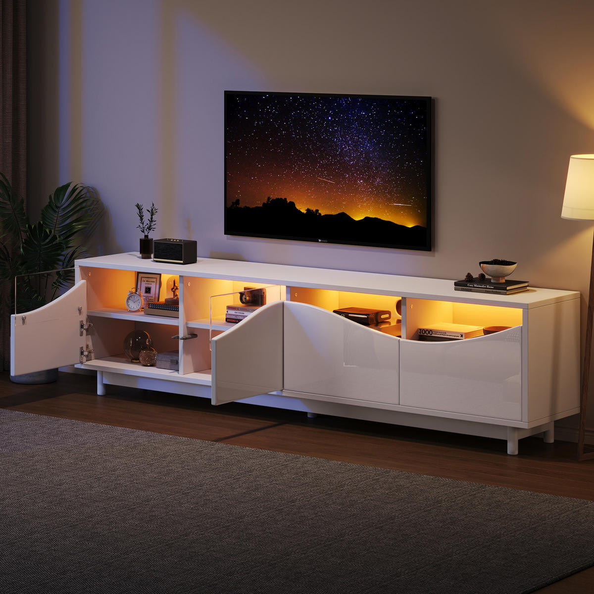 TV skrinka 175/38/51 cm biela s LED osvetlením a bezúchytkovými dvierkami z MDF a tvrdeného skla - biela, kompozitné drevo (175/51/38cm) - OKWISH