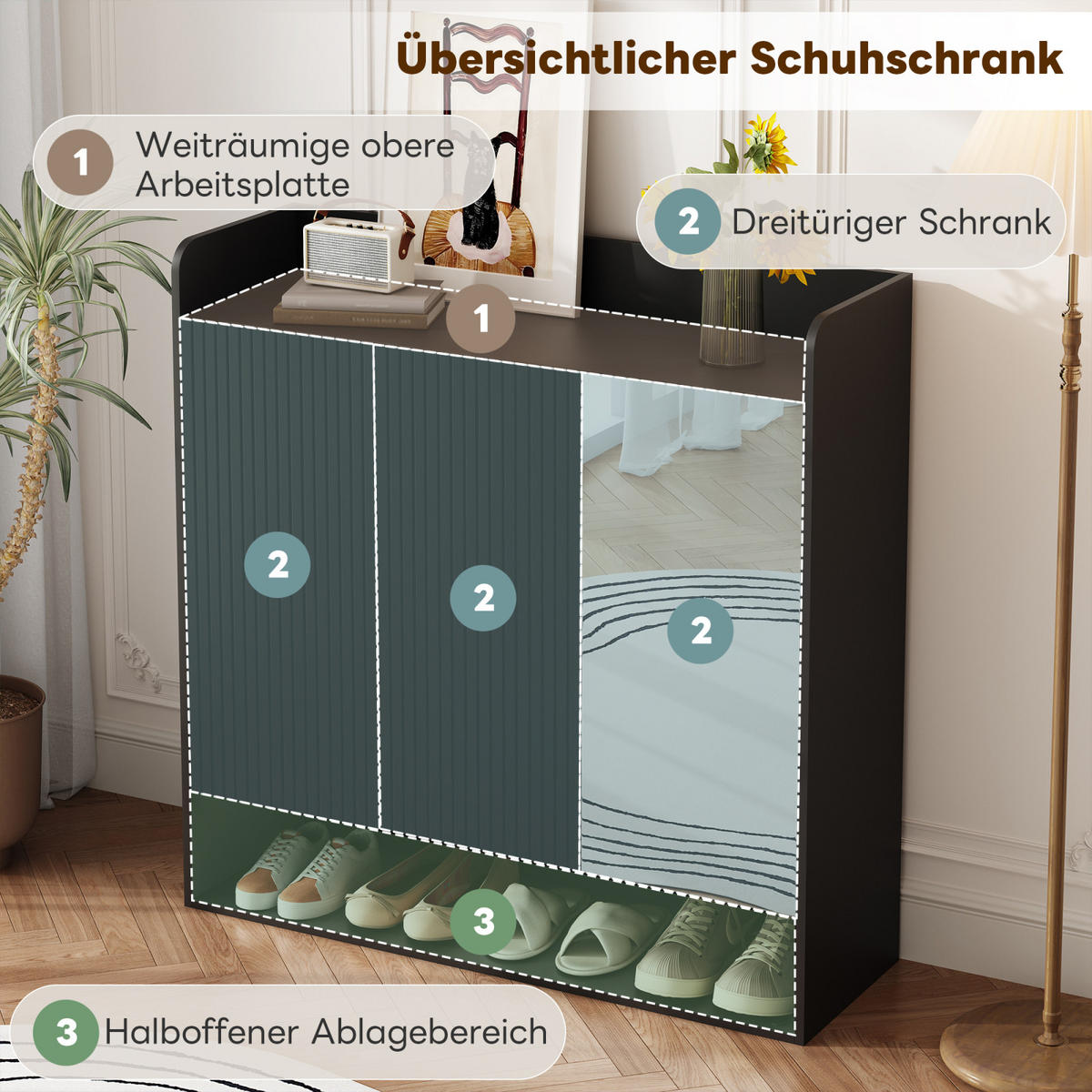 SCHUHSCHRANK mit Ganzkörperspiegel, Schuhkommode mit großem Stauraum für Flur - Schwarz, Holz (110/110/35cm) - PARAFTA HOME