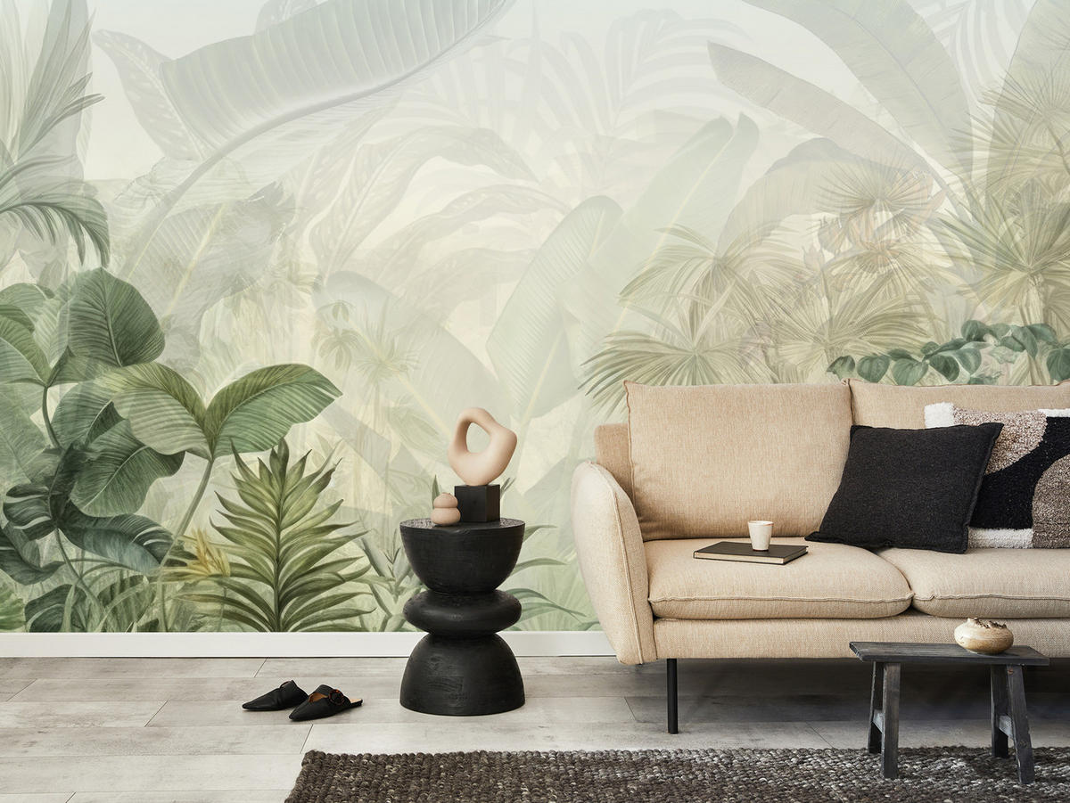FOTOTAPETE für Schlafzimmer Tropenpflanzen Nebel Palmen Blätter 100x70 - Weiß/Grau, Papier (100/70cm) - Muralo