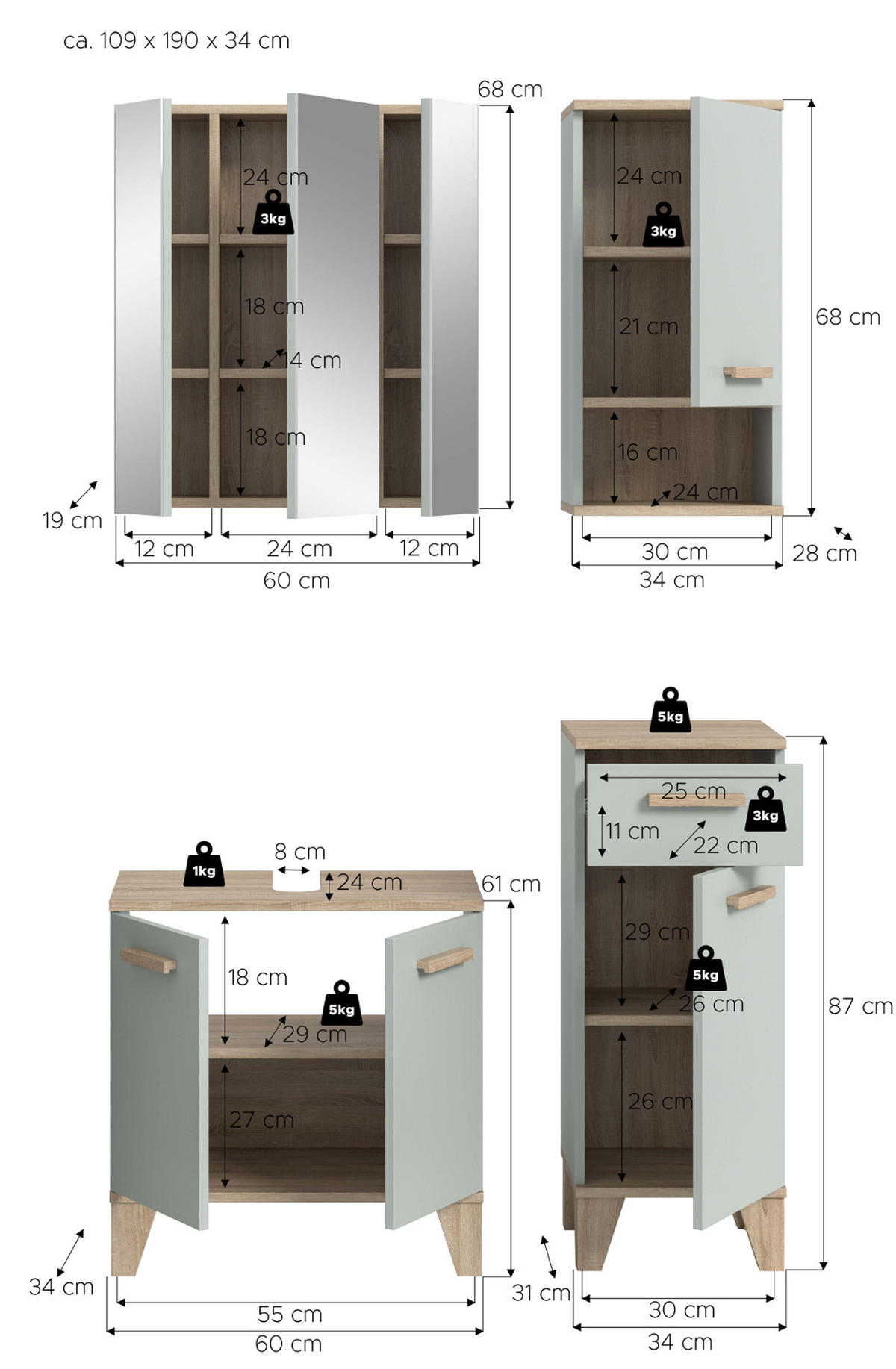 BADMÖBEL-SET 4-teilig grün, Eiche 109 x 190 cm, Badkombination skandinavisches Design - Eichefarben/Grün, Glas/Holzwerkstoff (109/190/34cm) - Inn.Furn