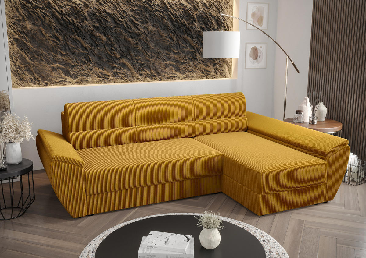ECKSOFA L REBI L3 Poso 01 Rechts mit Schlaffunktion, Senfton - Gelb, Textil (251/140cm)