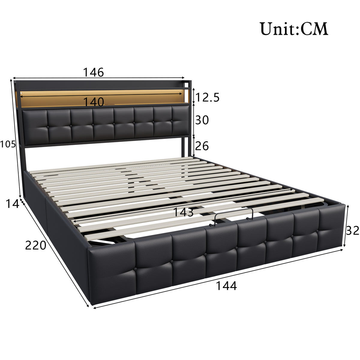 POLSTERBETT 140x200 cm schwarz LED USB Stauraum Lattenrost - Schwarz, Metall (140/200cm)