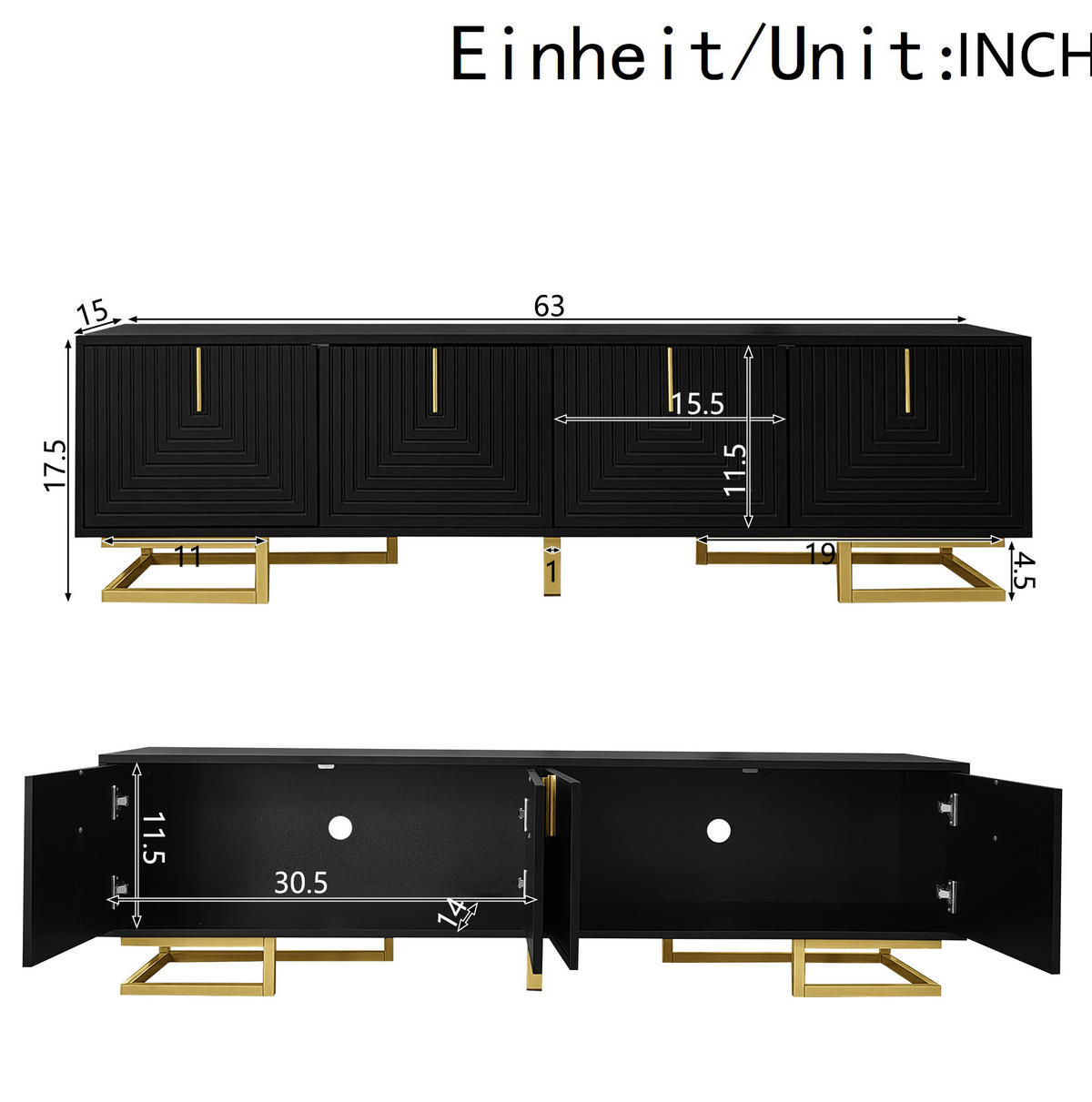TV-SCHRANK 160/38/44,5 cm schwarz mit goldenen Griffen und verstellbaren Füßen - Schwarz, Holzwerkstoff (160/44.5/38cm) - OKWISH