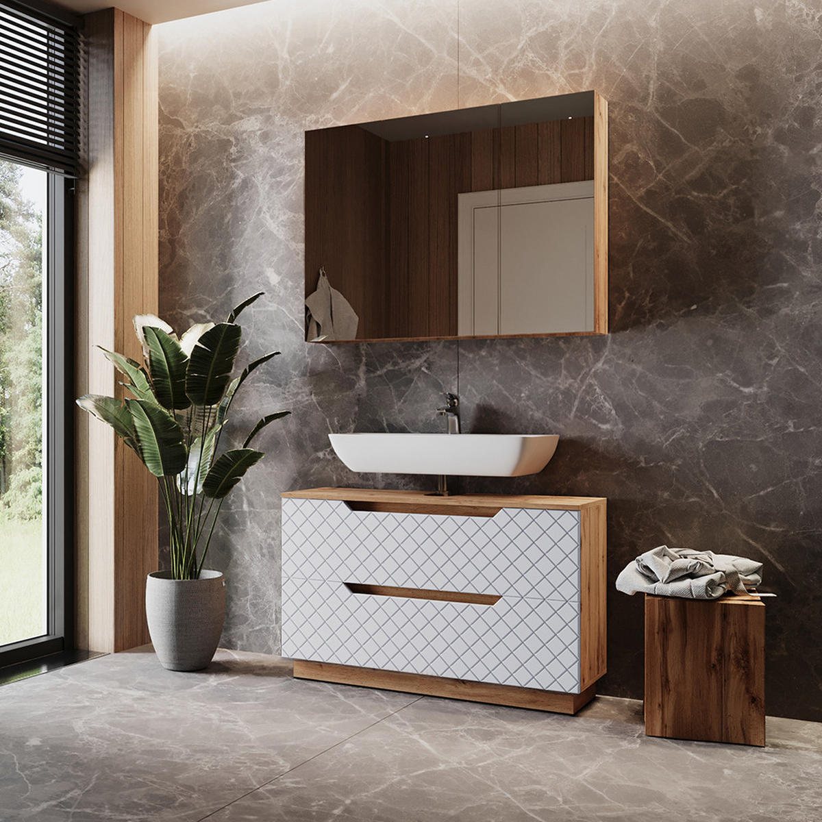 BADMÖBEL-SET Lotta Eiche/Weiß mit Kachelstruktur 2 Teile - Eichefarben/Weiß, Holzwerkstoff (99.4/62.5/32cm) - Vicco