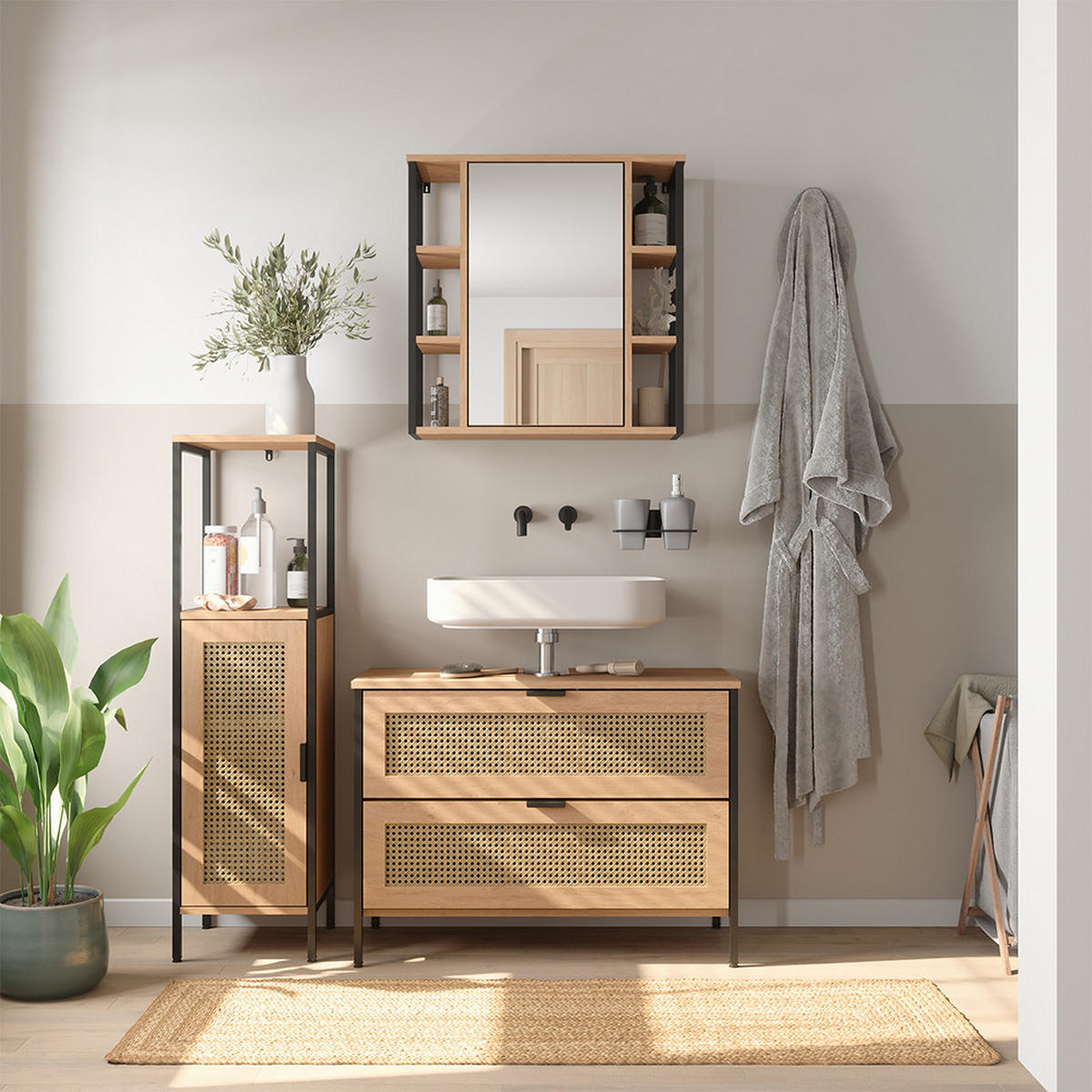 BADMÖBEL-SET Linara, Eiche, 3er Set - Eichefarben, Holzwerkstoff (80/59/35cm) - Vicco