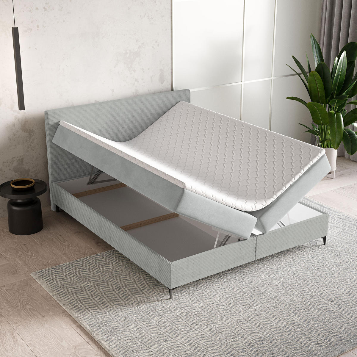 BOXBETT TORREL 160x200 cm mit Matratze und Topper - Beige - Beige, Holz (160/200cm) - MASSENO