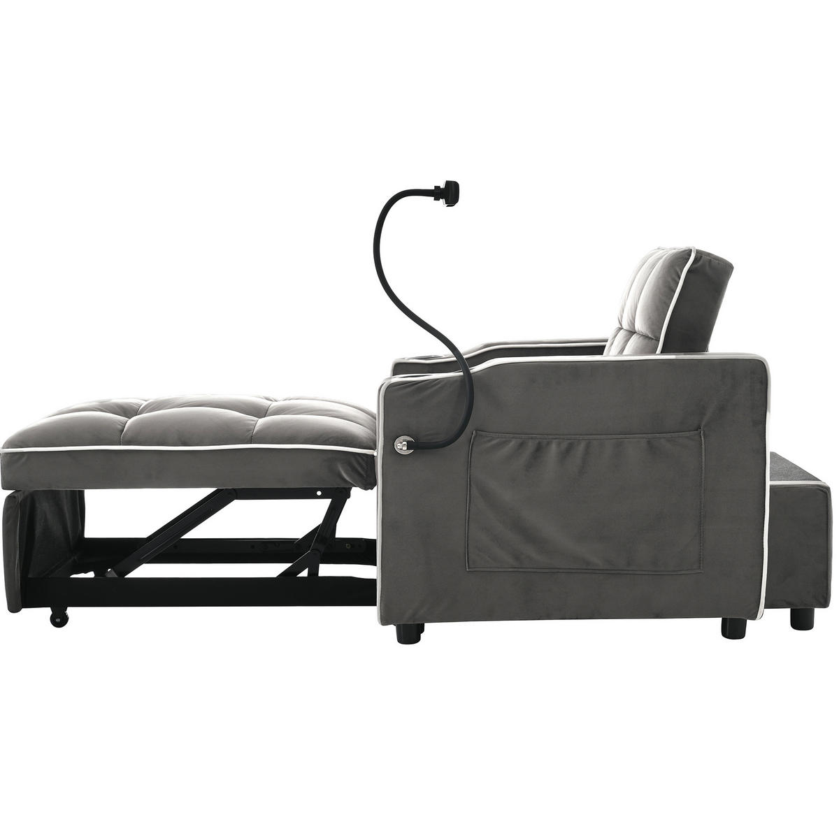 SCHLAFSESSEL aus Samt 83x167x76 cm Antik-Dunkelgrau 3-in-1 ausziehbar mit Getränkehaltern und Handyhalterung - Dunkelgrau, Kunststoff (167/76/83cm) - Modfu