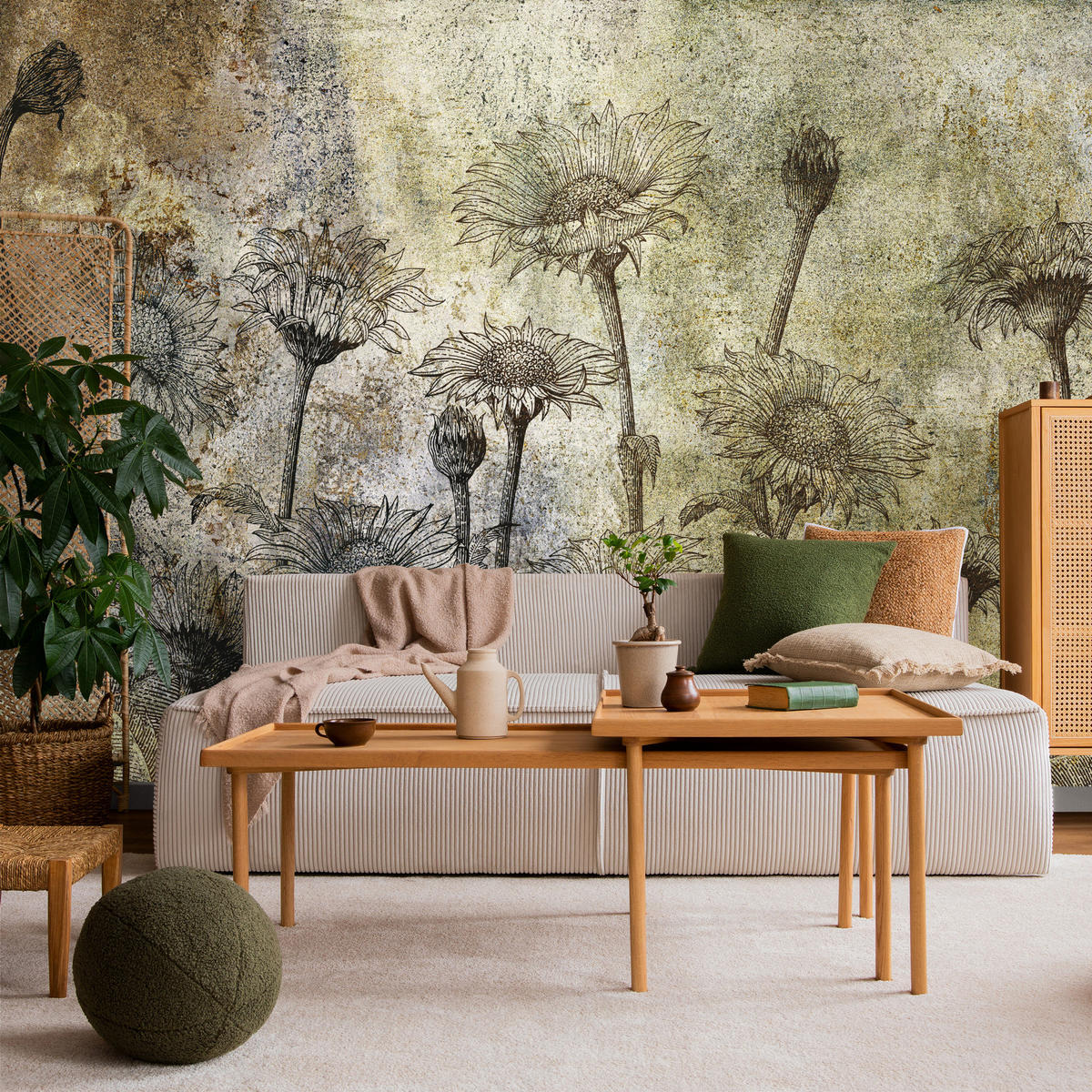 FOTOTAPETE Abstrakte Sonnenblumen Beton Retro 500x350 - Beige/Braun, Papier (500/350cm) - Muralo