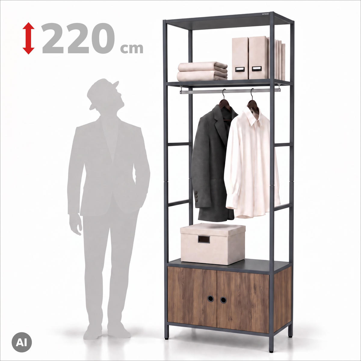 OFFENES Büroregal ARIEL 80 × 220 × 40 cm - Anthrazit/Nussbaumfarben, Metall (80/220/40cm)