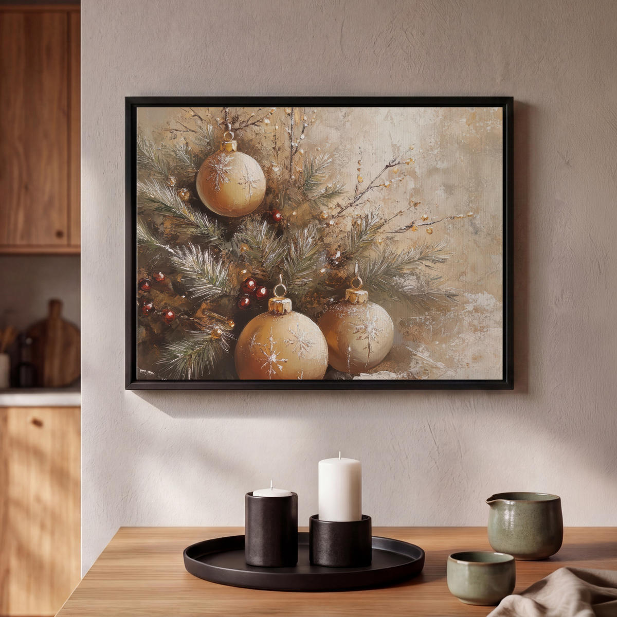 LEINWAND Bilder mit Rahmen - Weihnachten - Kugeln - Beige - Gold - 40x30 - Goldfarben, Textil (40/30cm) - MuchoWow