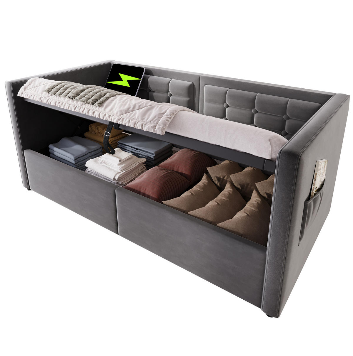 ČALOUNĚNÁ rozkládací postel 90/190 cm šedá ze sametu s hydraulickým úložným prostorem a USB-C - šedá, textil (90/200cm) - OKWISH