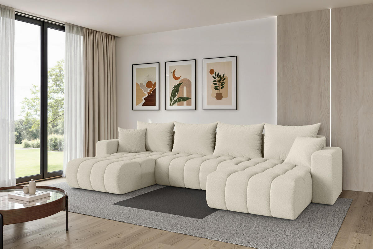 SEDACÍ SOUPRAVA DO U s funkcí spaní a úložným prostorem MILA-U-v1 378x194x86 béžová bouclé - černá/písková barva, kompozitní dřevo/textil (378/86/194cm) - ALTDECOR