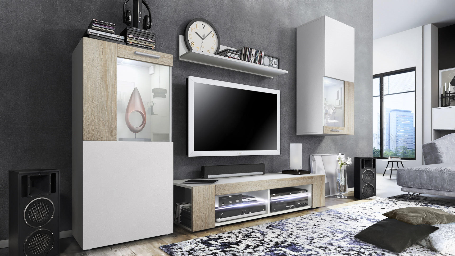 Vladon Wohnwand Eiche San Remo 300x190x39 cm