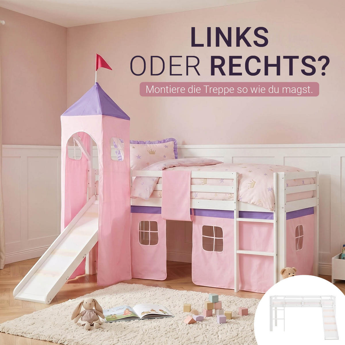 HOCHBETT mit Rutsche Turm 90/200 cm Rosa - Weiß/Rosa, Holz - Homestyle4u