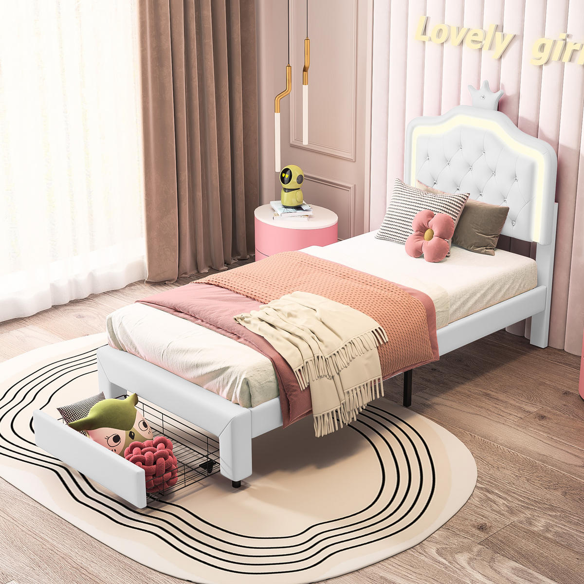 POLSTERBETT Princess Crown 90x200 cm mit höhenverstellbarem Kopfteil, PU, Lattenrost & LED-Beleuchtung, Weiß - Weiß, Leder/Holz (90/200cm) - BursDany