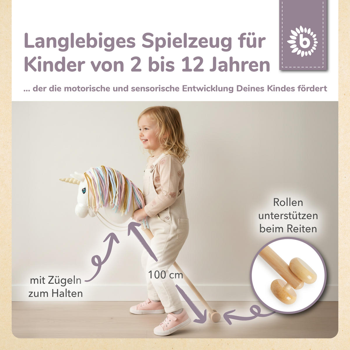 STECKENPFERD Einhorn Rainbow aus Holz - Weiß, Textil (33/92cm) - Bieco Spielwaren