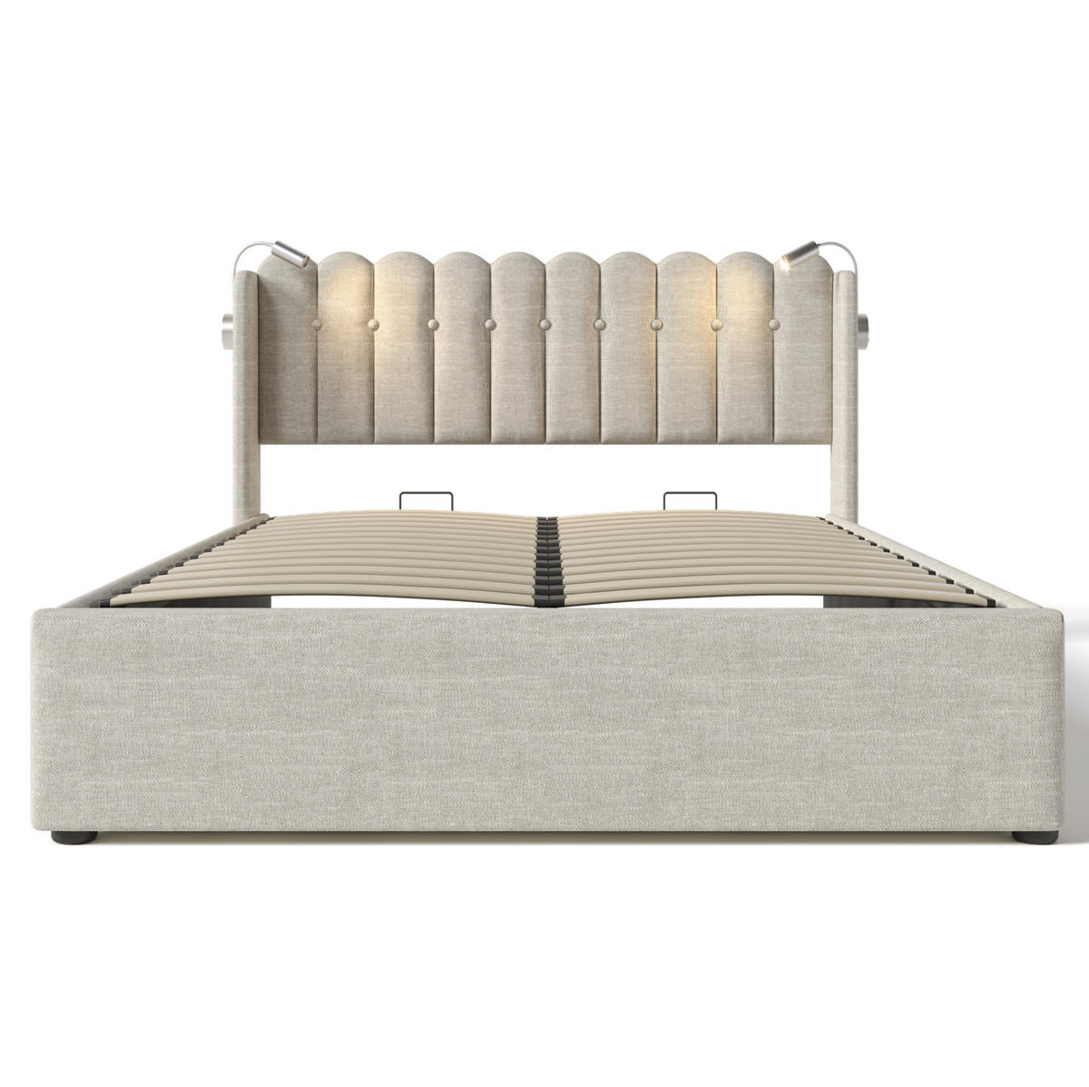 BETT mit Bettkasten, USB und Leselicht 160x200 cm Leinen Natural - Beige, Metall (160/200cm) - Meubliv
