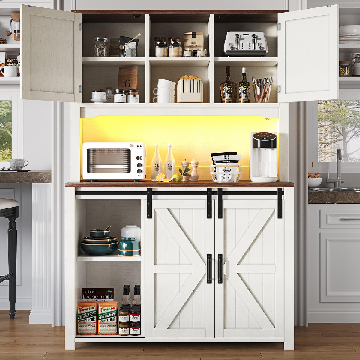 BUFFETSCHRANK, mit farbwechselnder LED-Beleuchtung und viel Stauraum, 115/40/174,7 cm, Weiß - Weiß, Holzwerkstoff (115/174.7/40cm) - Modfu