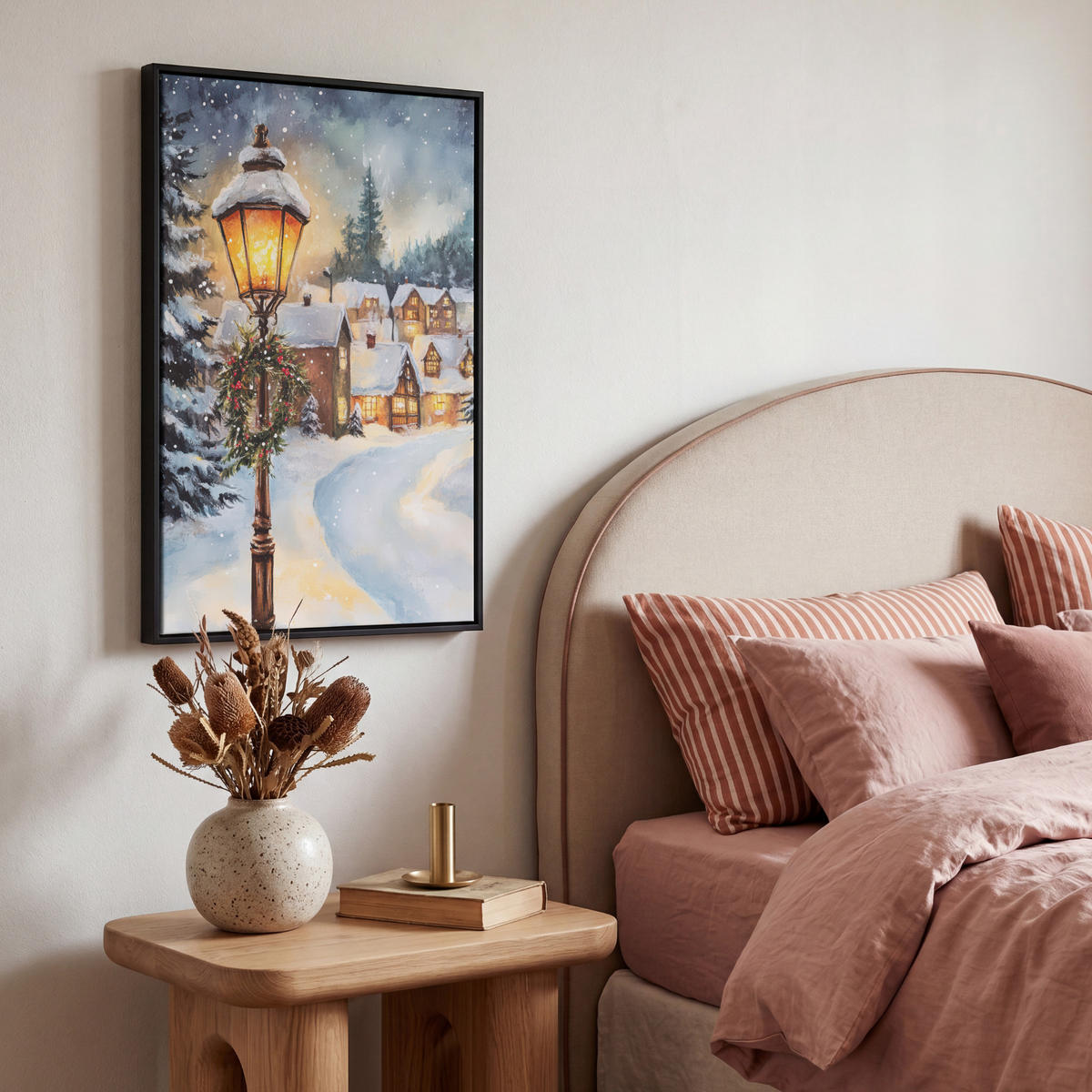 LEINWAND Bilder mit Rahmen - Weihnachtsdorf - Häuser - Schnee - Weihnachten - 40x60 - Sandfarben, Textil (40/60cm) - MuchoWow