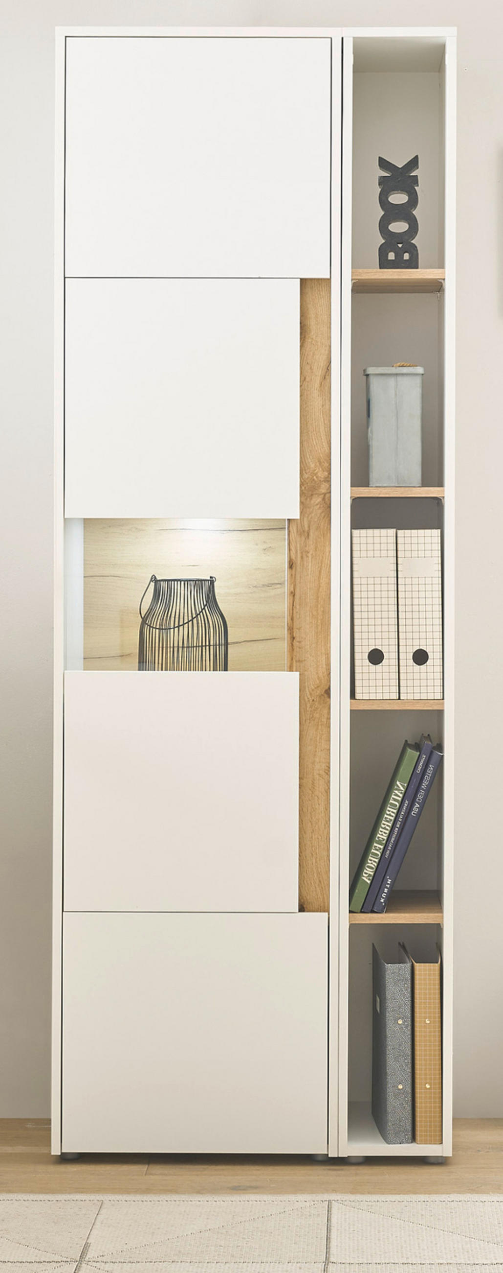 AKTENSCHRANK Set 2-teilig weiß, Eiche Wotan 70 x 200 cm, Regal-Vitrine-Kombination mit 5 Ordnerhöhen - Eichefarben/Silberfarben, Glas/Holzwerkstoff (70/200/40cm) - Furn.Design