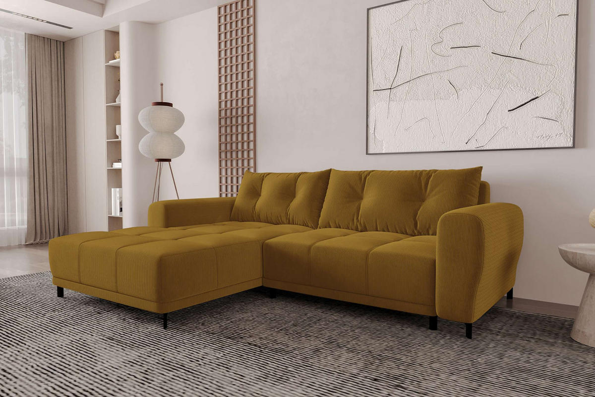 ECKSOFA Massimo Cordstoff Goldfarben inkl. Schlaffunktion Links - Goldfarben/Schwarz, Textil/Metall (246/177cm) - 99rooms