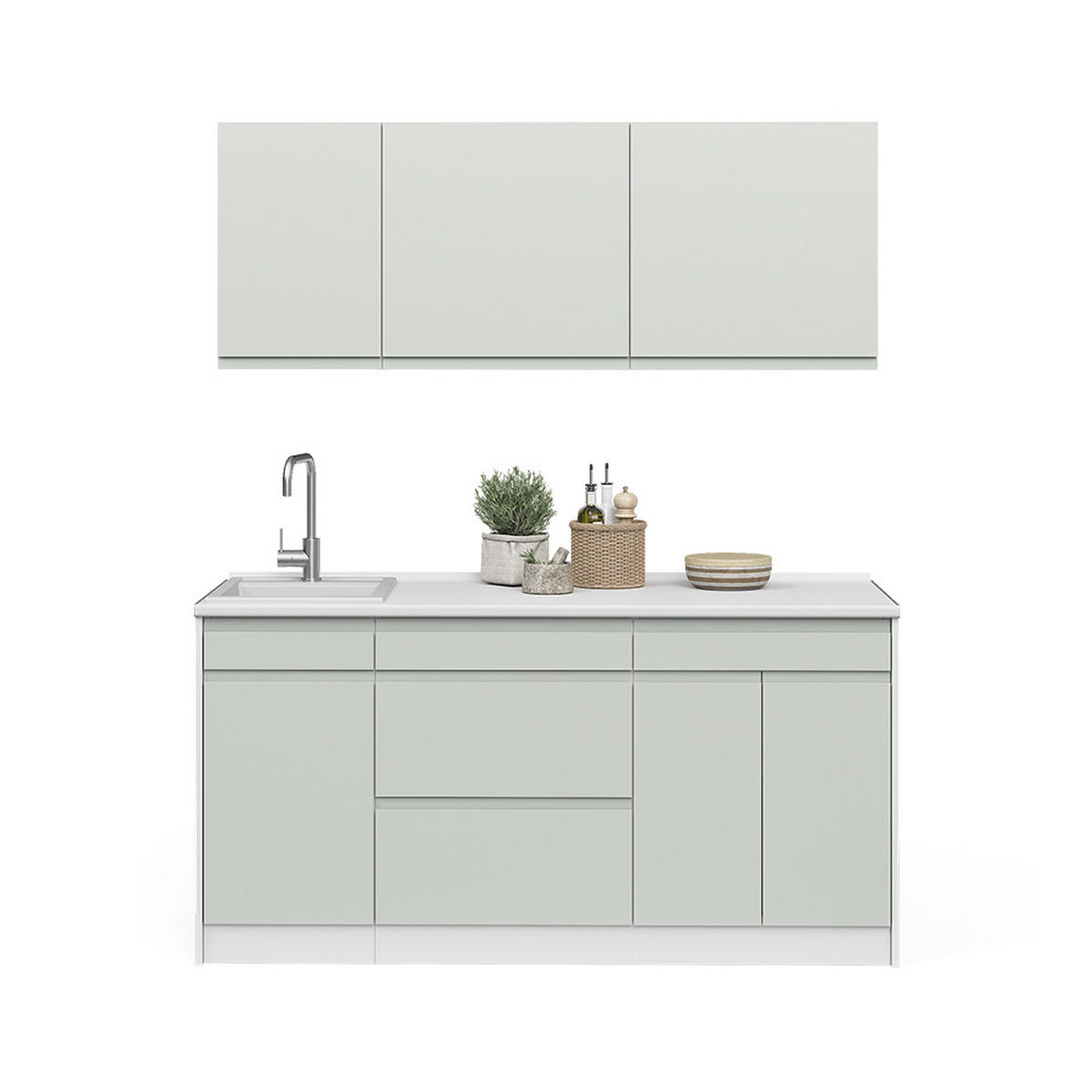 SINGLEKÜCHE R-Line, Pastellgrün/Weiß, 160 cm Arbeitsplatte Satin - Pastellgrün/Weiß, Holzwerkstoff (160/81.6/60cm) - Vicco