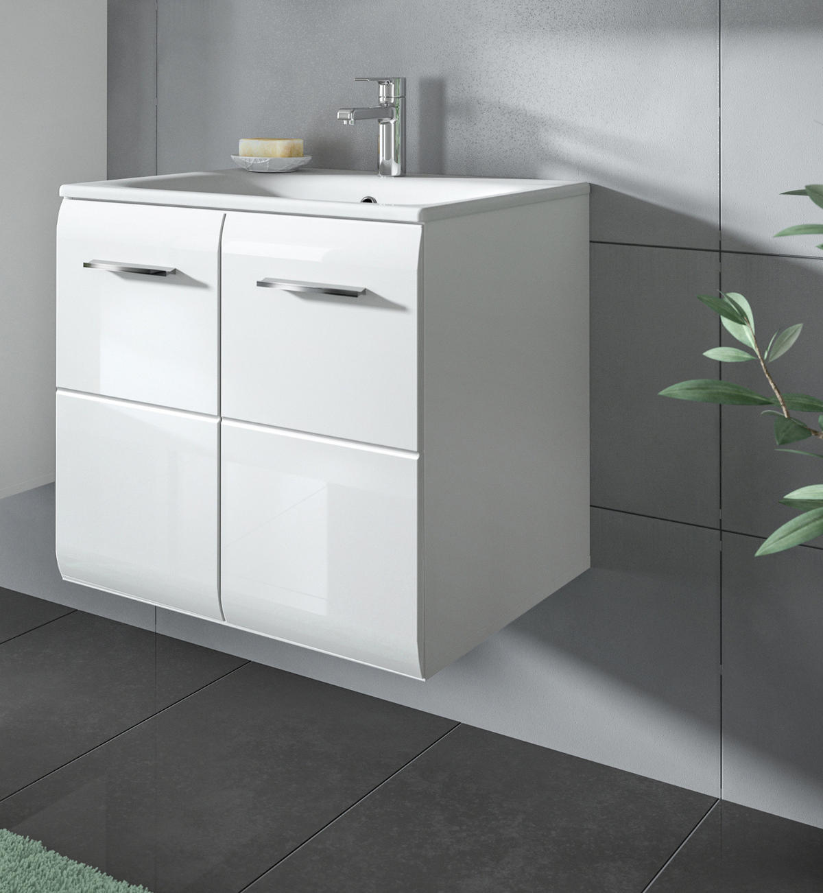 WASCHBECKENUNTERSCHRANK inklusive Waschbecken weiß Hochglanz, Waschtisch hängend 60 cm - Weiß Hochglanz/Silberfarben, Keramik/Holzwerkstoff (60/55/46cm) - Inn.Furn