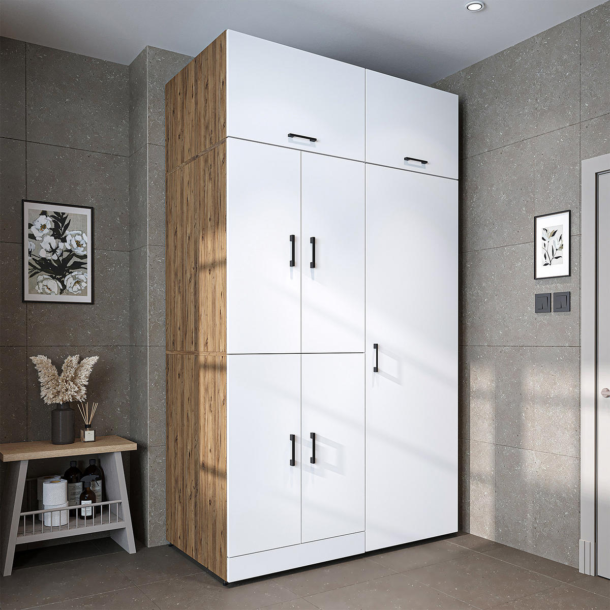 WASCHMASCHINENSCHRANK DORA-I 130cm Breit, 230cm Hoch - Eiche Bianco, Holzwerkstoff (130/230/73.8cm)