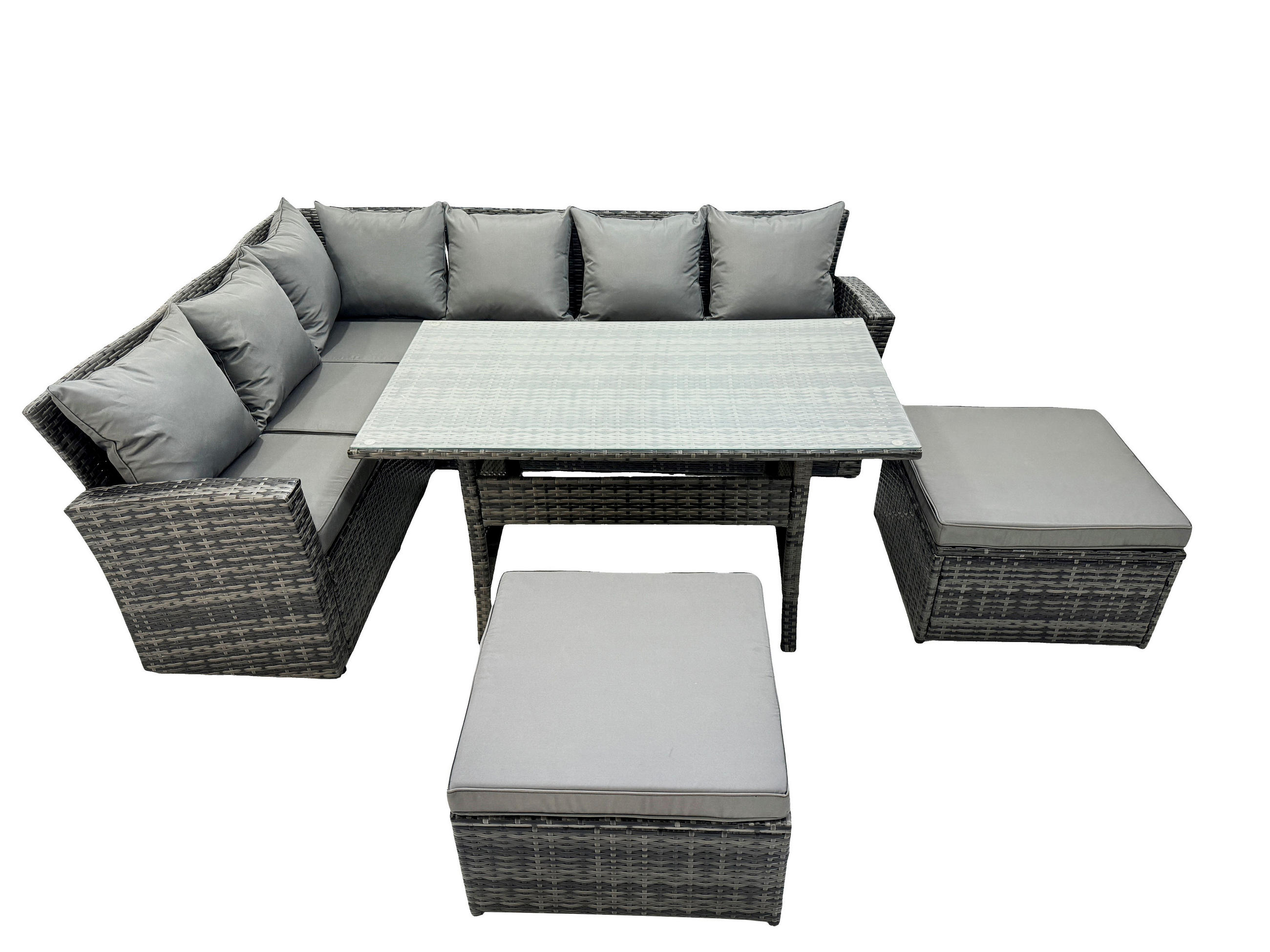 LOUNGEMÖBEL-SETS mit Esstisch Sofa Polyrattan Dunkelgrau 8-Sitzer - Dunkelgrau/Grau, Glas/Kunststoff - Fimous