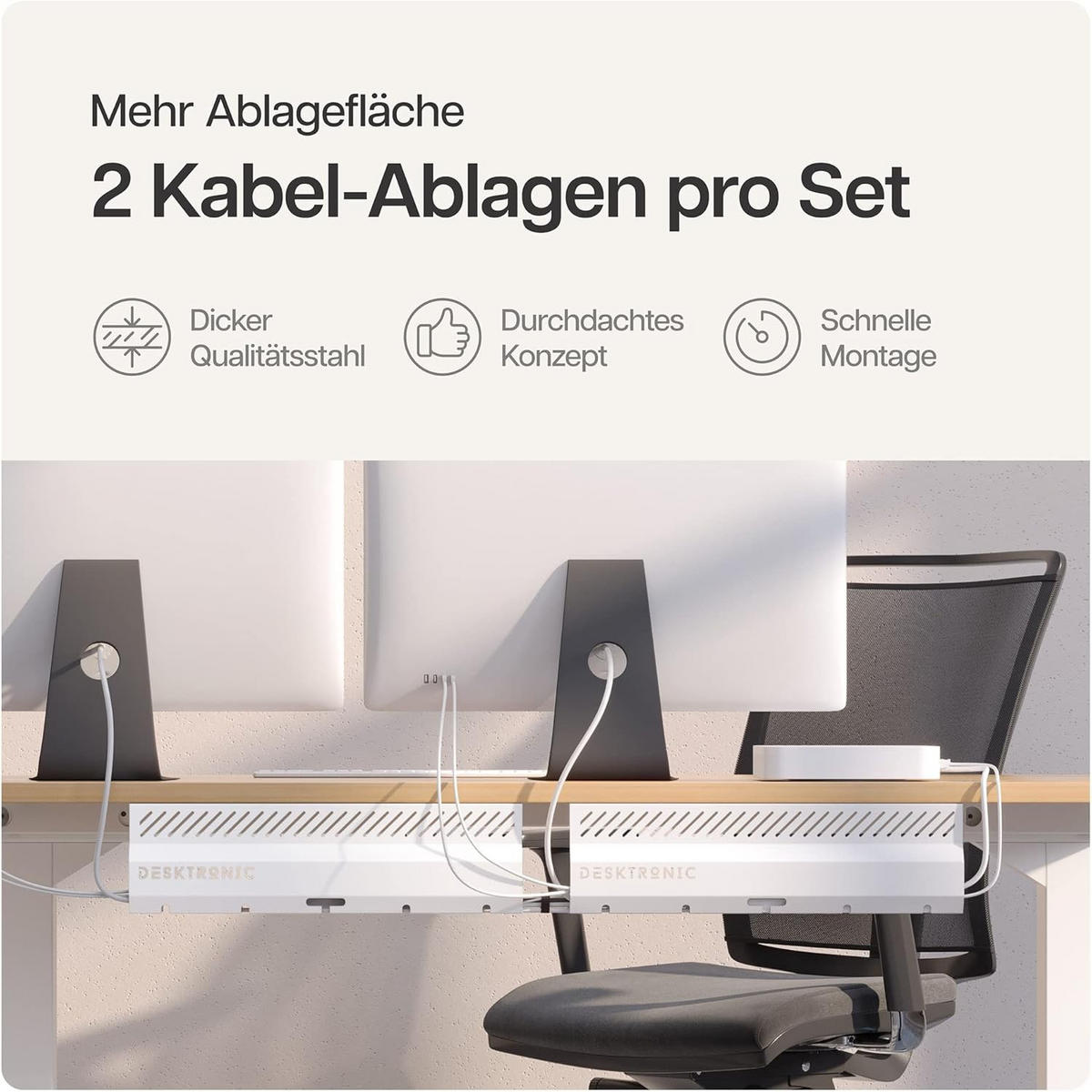 KABELKANAL Schreibtisch Weiß, 2x43cm, Hochwertiger Stahl - Weiß, Metall (43/12/10cm) - Desktronic