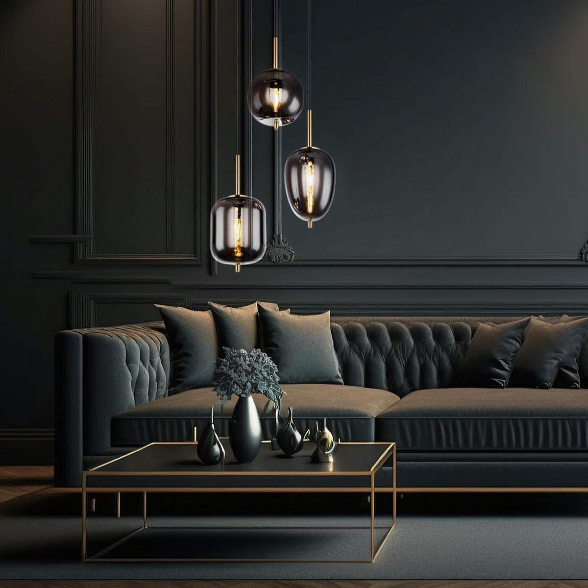 HÄNGELEUCHTE Glas Grau Messing - Grau, Glas (46/46/120cm) - Globo Lighting