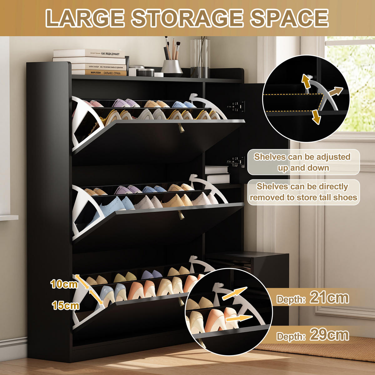 SCHUHSCHRANK Schwarz 3 Klappen Sitzbank Stauraum 119x24x122cm - Schwarz, Holzwerkstoff (24/122/119cm) - FLIEKS