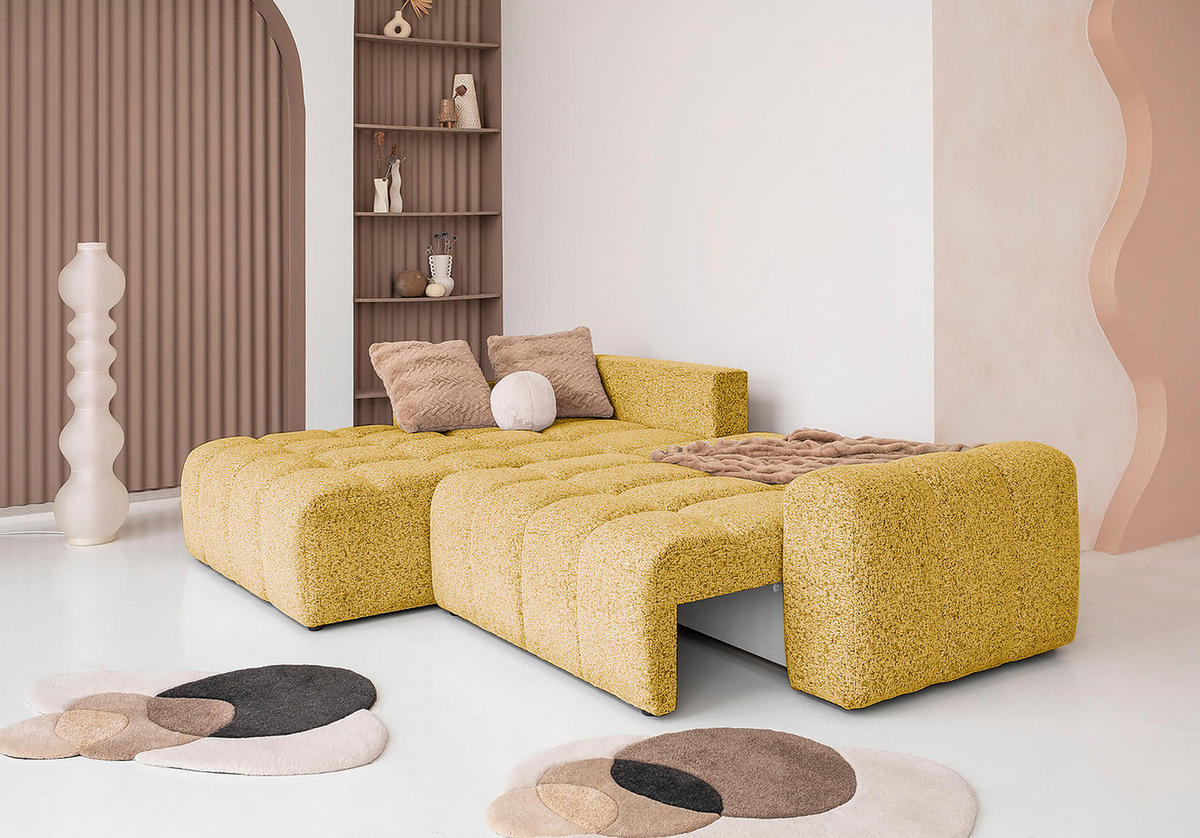 ECKSOFA mit Schlaffunktion - Strukturstoff - Beige/Gelb, Kunststoff/Textil (268/184cm) - home24