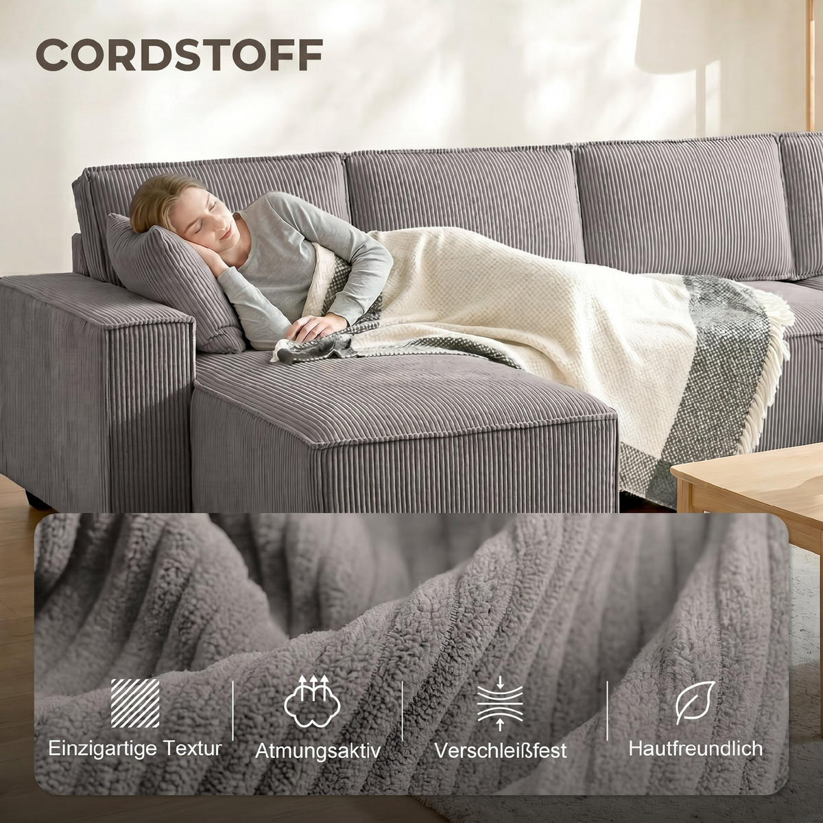 ECKSOFA Cordstoff Hellgrau - Hellgrau, Holzwerkstoff/Kunststoff (154/311cm) - HOMCOM