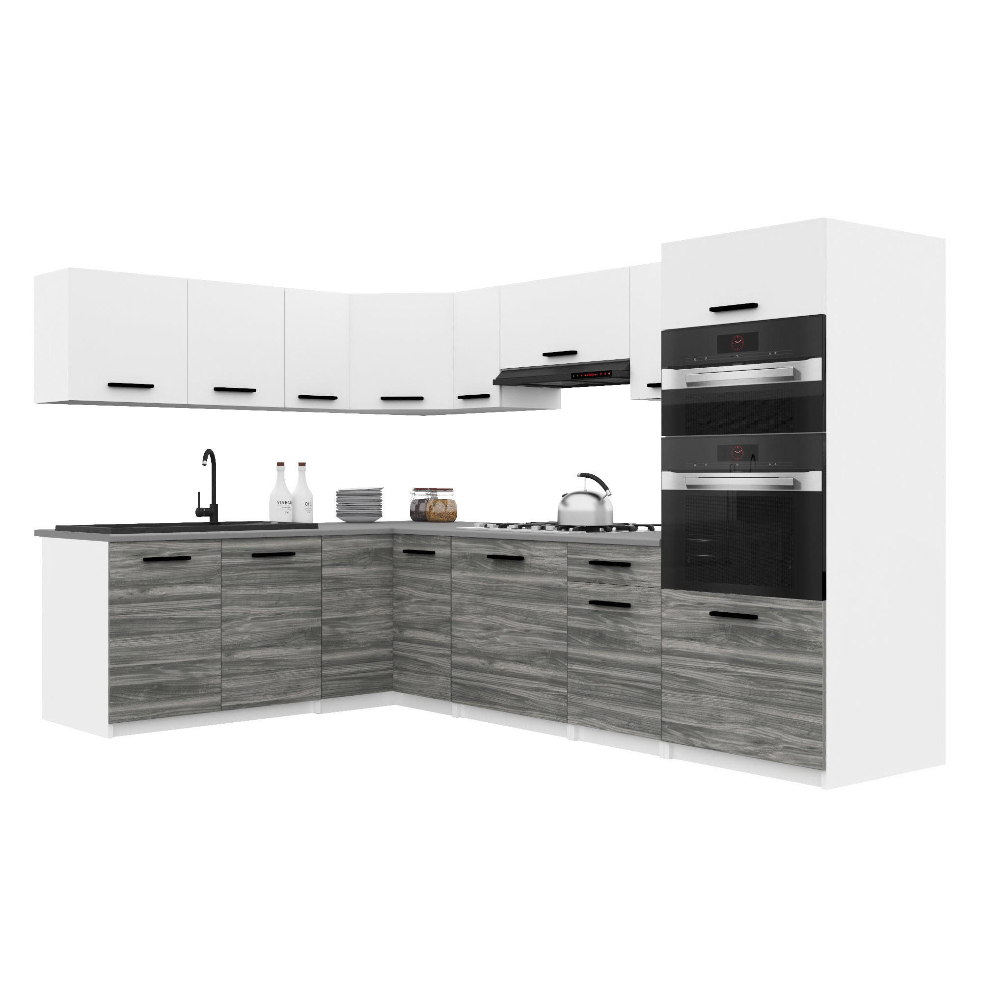 KÜCHENZEILE Italia 8 420 cm , mit Arbeitsplatten, Weiß-Grau Glamour Matt - Hellgrau/Weiß, Holz (420/143/60cm) - B BELINI GROUP