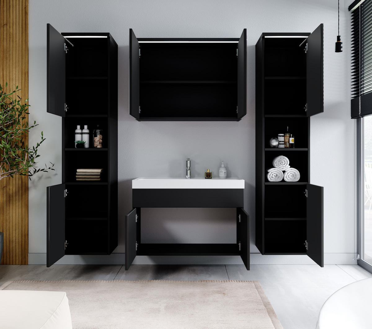 BADMÖBEL-SET Paso LED 5 Teile Schwarz Matt - 80 x 35 x 55 cm - Schwarz, Holz (80/55/40cm) - Badplaats