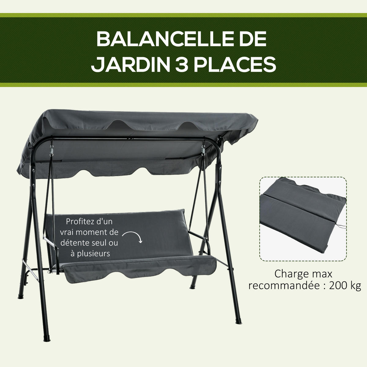 HOLLYWOODSCHAUKEL DE-15253 3-Sitzer mit verstellbarem Dach Grau - Grau, Metall (110/153/172cm) - ComfortXL