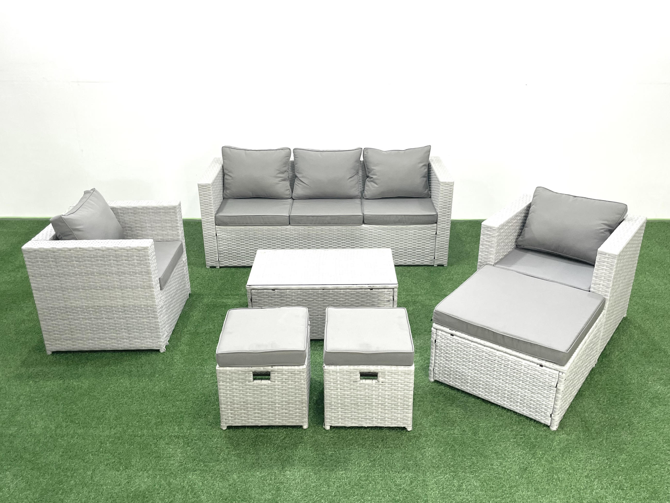 GARTENMÖBELSET mit 3-SITZER SOFA,COUCHTISCH Polyrattan Hellgrau-Mix 8-Sitzer - Hellgrau/Grau, Glas/Kunststoff - Fimous