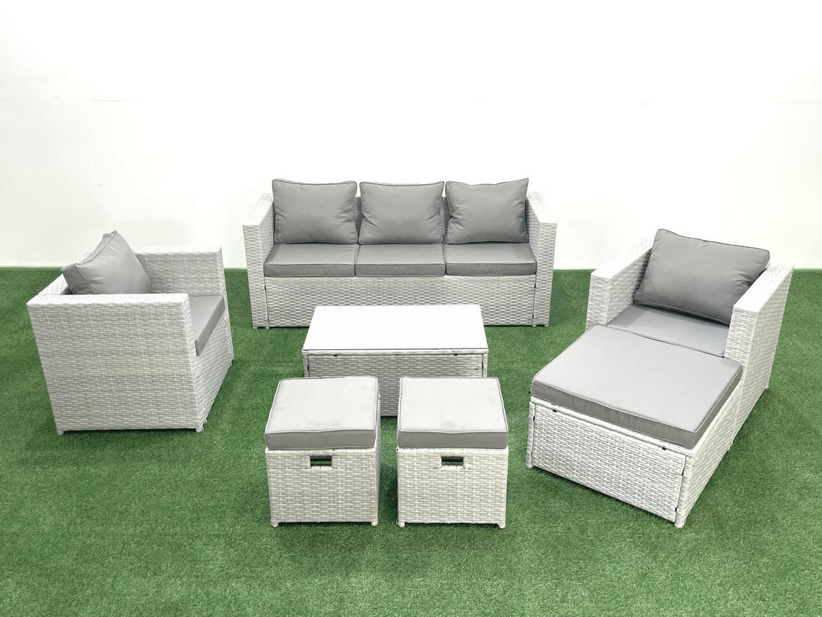 GARTENMÖBELSET mit 3-SITZER SOFA,COUCHTISCH Polyrattan Hellgrau-Mix 8-Sitzer - Hellgrau/Grau, Glas/Kunststoff - Fimous