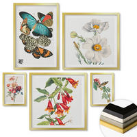 WANDBILDER 5er Set - 50x50 cm & 20x30 cm & 40x60 cm Goldrahmen - Blumen, Schmetterlinge, Vögel, Pastellfarben - Goldfarben, Kunststoff (40/60cm) - ArtPrintCave