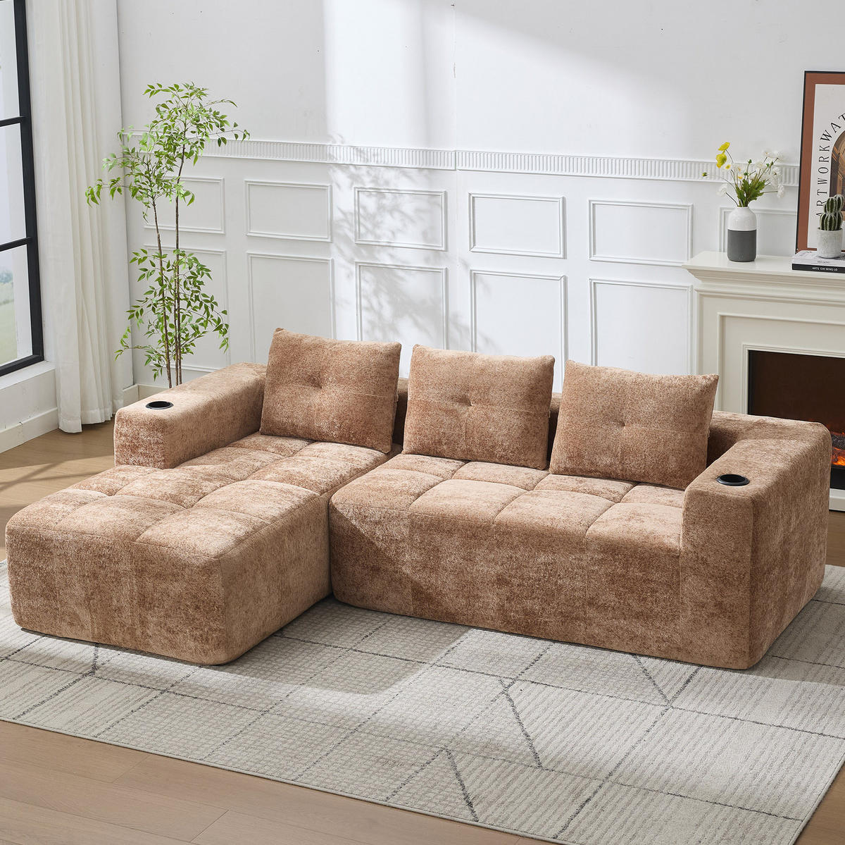 ECKSOFA 258 cm mit Becherhaltern, tiefem Sitzkomfort und Chenille-Bezug, Hellbraun - Hellbraun, Textil (258/163cm) - Redom