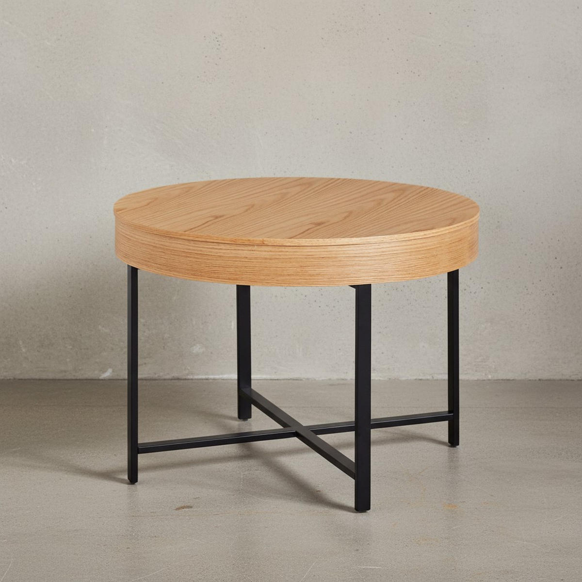COUCHTISCH in Holzoptik mit Metallbeinen, Rund, Stauraumfunktion, Maße 69x49x69 cm - Schwarz/Braun, Holz/Metall (69/69/49cm) - KADIMA DESIGN