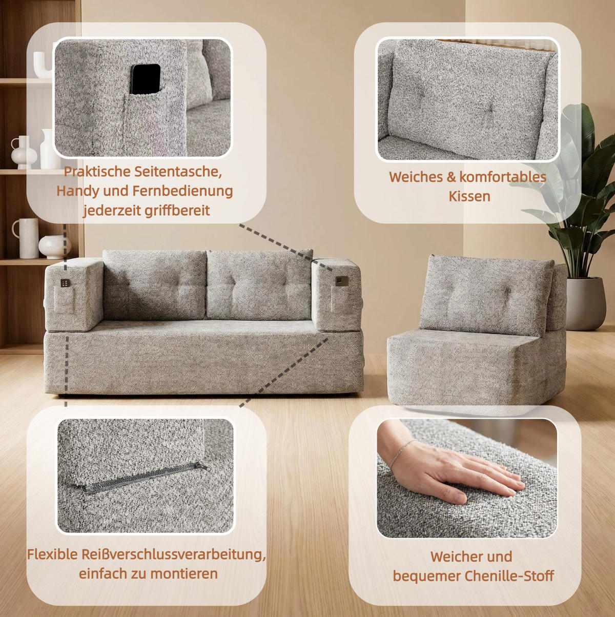 SCHLAFSOFA 199/194/39 aus Stoff mit Sessel und Liegefunktion Hellgrau - Hellgrau, Textil (194/39/199cm) - Modenvie