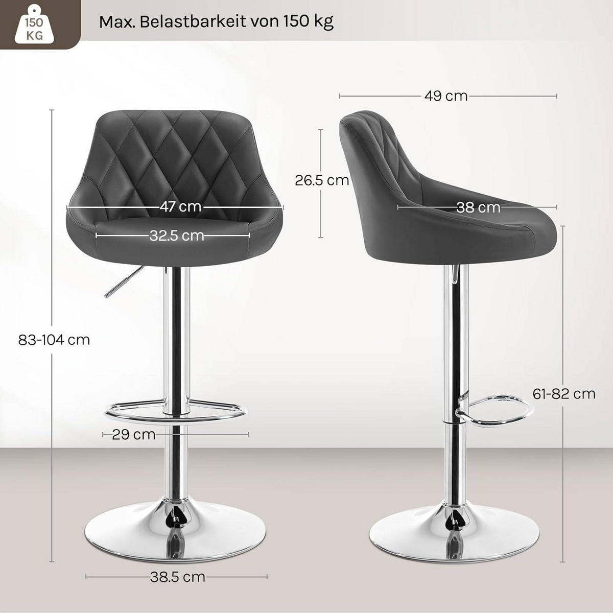 BARHOCKER 2er Set, Kunstleder,Höhenverstellbar, 360° Drehbar - Grau, Metall (47/104/39cm) - Woltu