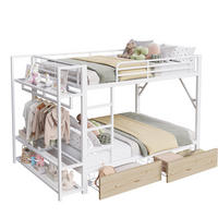 ETAGENBETT aus Metall und MDF 140x200 cm Weiß mit LED-Lichtleiste, 2 Schubladen, Regalen und Kleiderstange - Weiß, Metall (140/200cm) - Modfu