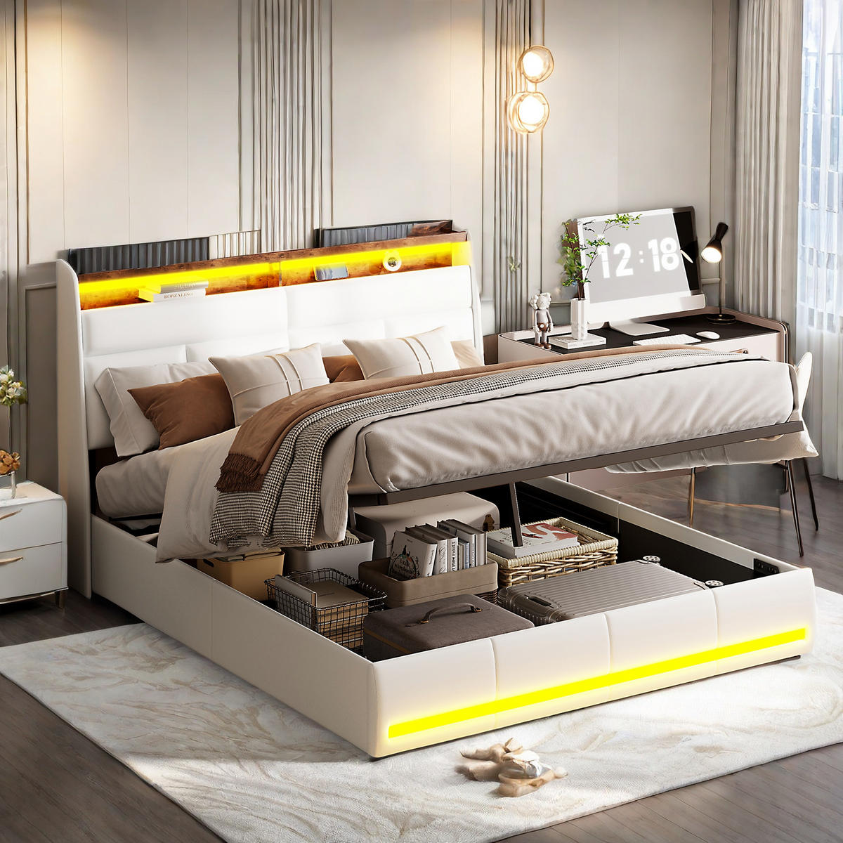 POLSTERBETT 160x200 cm Stauraum LED Lattenrost PU Leder weiß - Weiß, Holz (160/200cm) - LEBENLANG