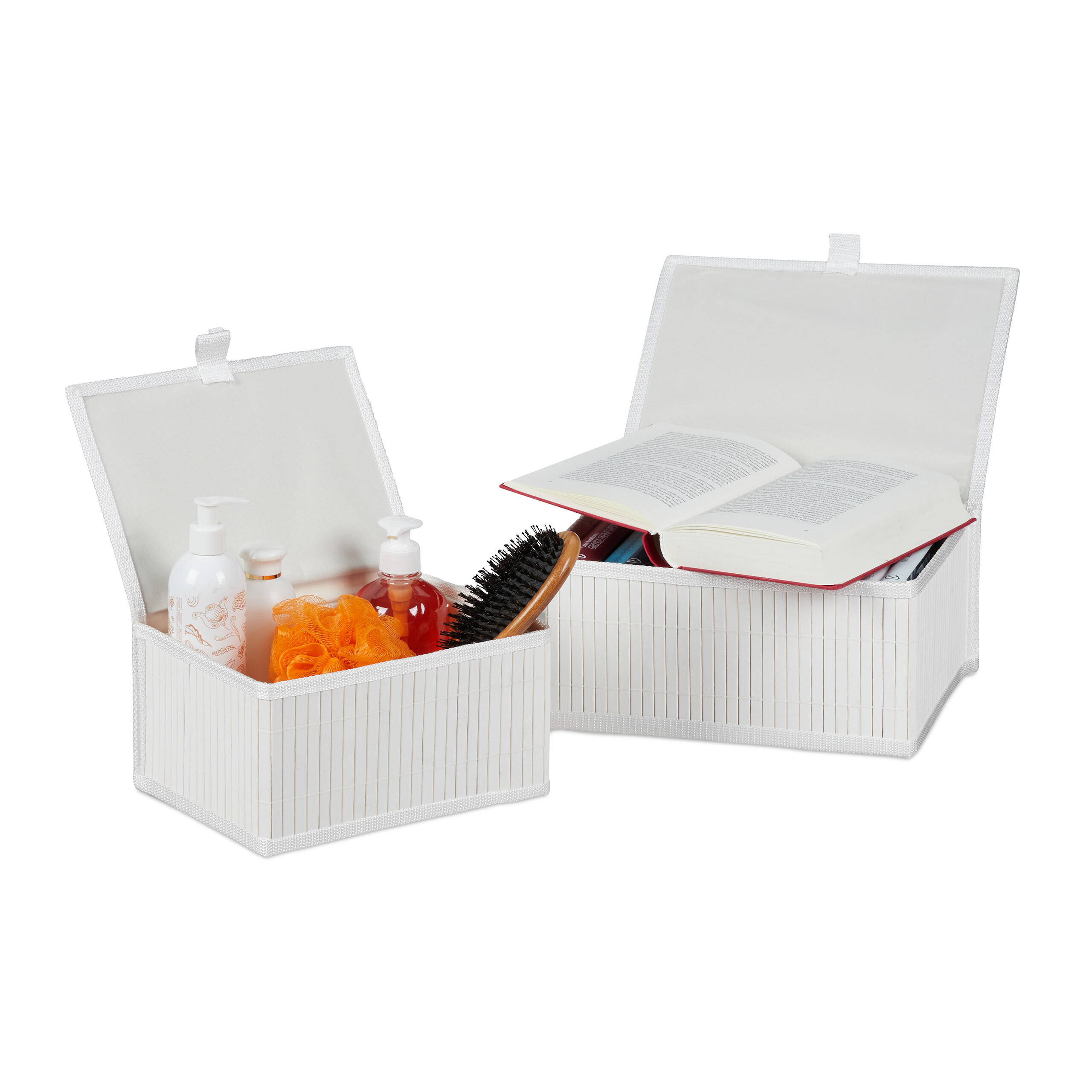Relaxdays ÚLOŽNÝ KOŠ Bílý 2dílný-set bambus s víkem 13x25x18 cm