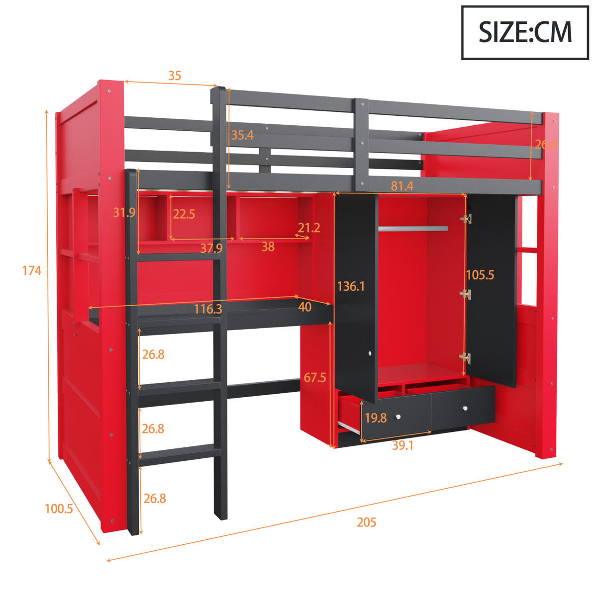 HOCHBETT 90/200 cm aus Holz mit LED-Beleuchtung Steckdosen Kleiderschrank und Schubladen Schwarz und Rot - Rot, Holz (90/200cm) - Modenvie